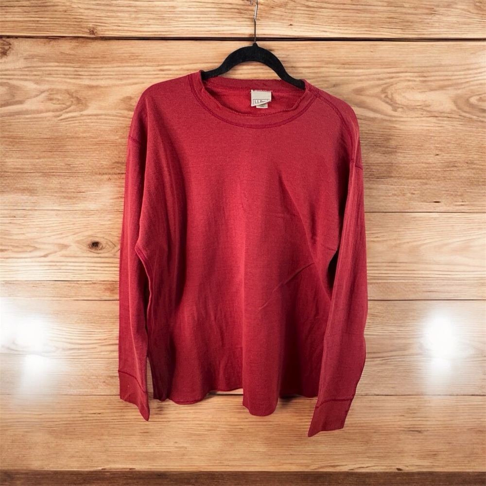 LL Bean River Driver 2 Layer Wool Blend Thermal Crew Neck Shirt Mens Large Red